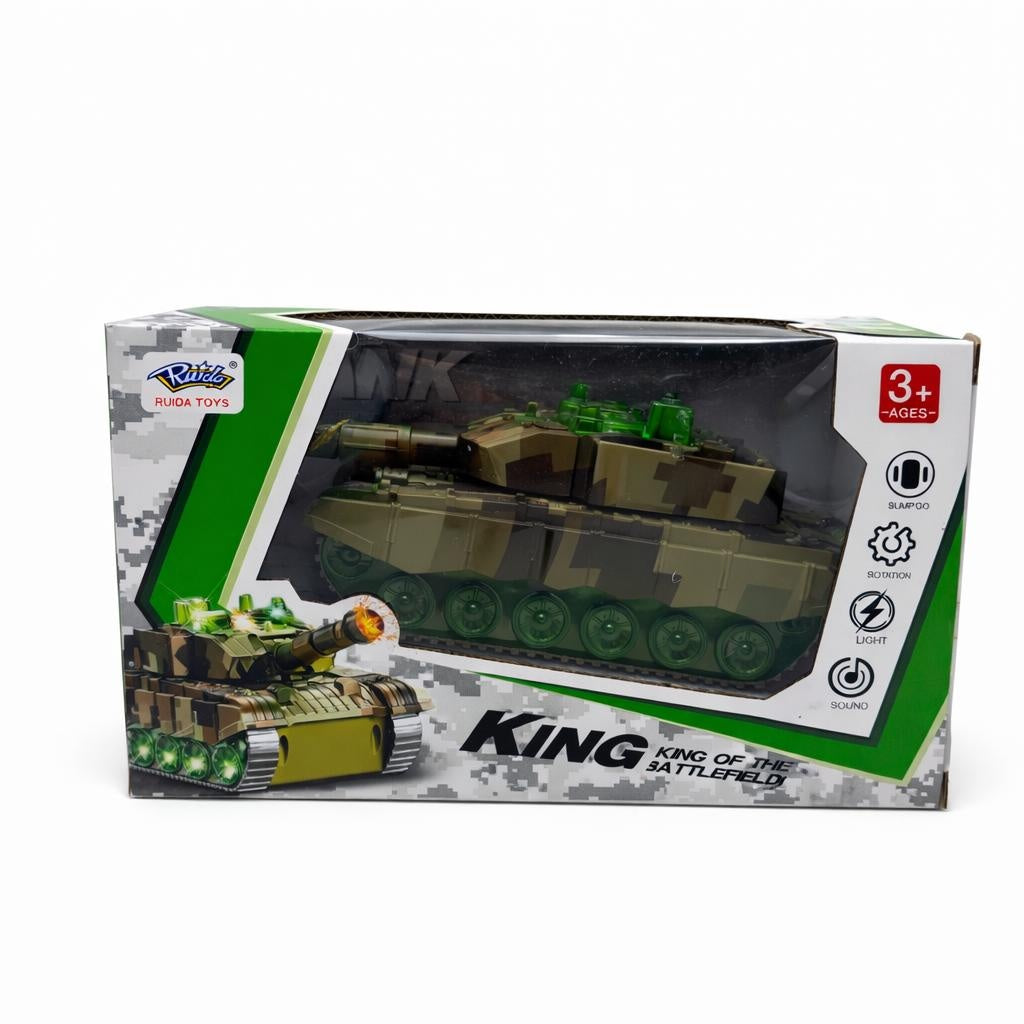 Tanc militar jucarie cu lumini LED sunet si efect tragere copii 3+