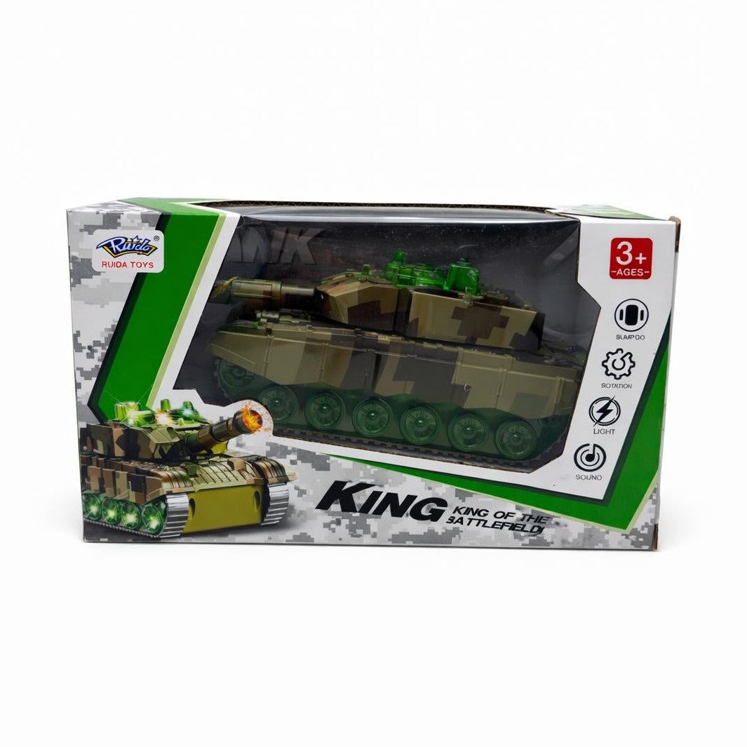 Tanc militar jucarie cu lumini LED sunet si efect tragere copii 3+