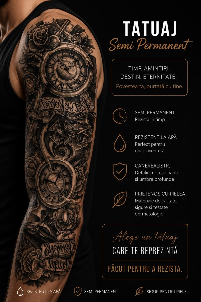 Tatuaj Semipermanent cu Ceasuri Vintage și Trandafiri – 45 cm
