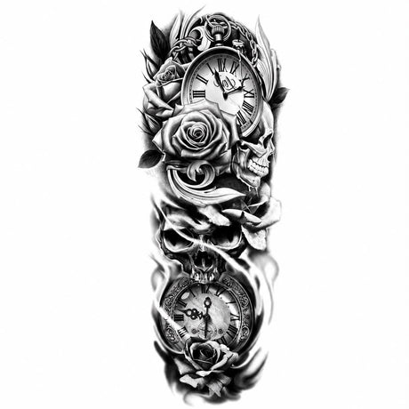 Tatuaj Semipermanent cu Cranii, Ceasuri Vintage și Trandafiri – 45 cm