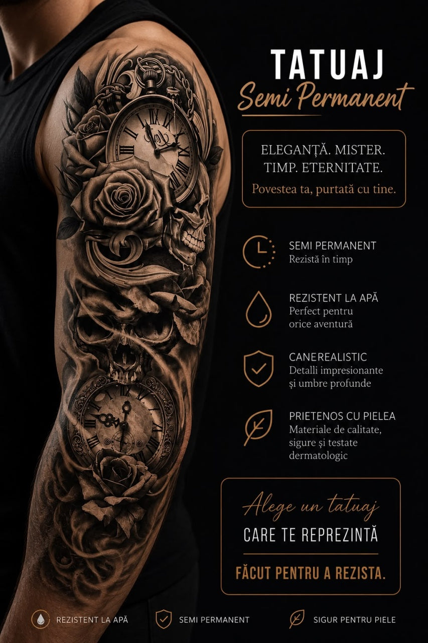 Tatuaj Semipermanent cu Cranii, Ceasuri Vintage și Trandafiri – 45 cm