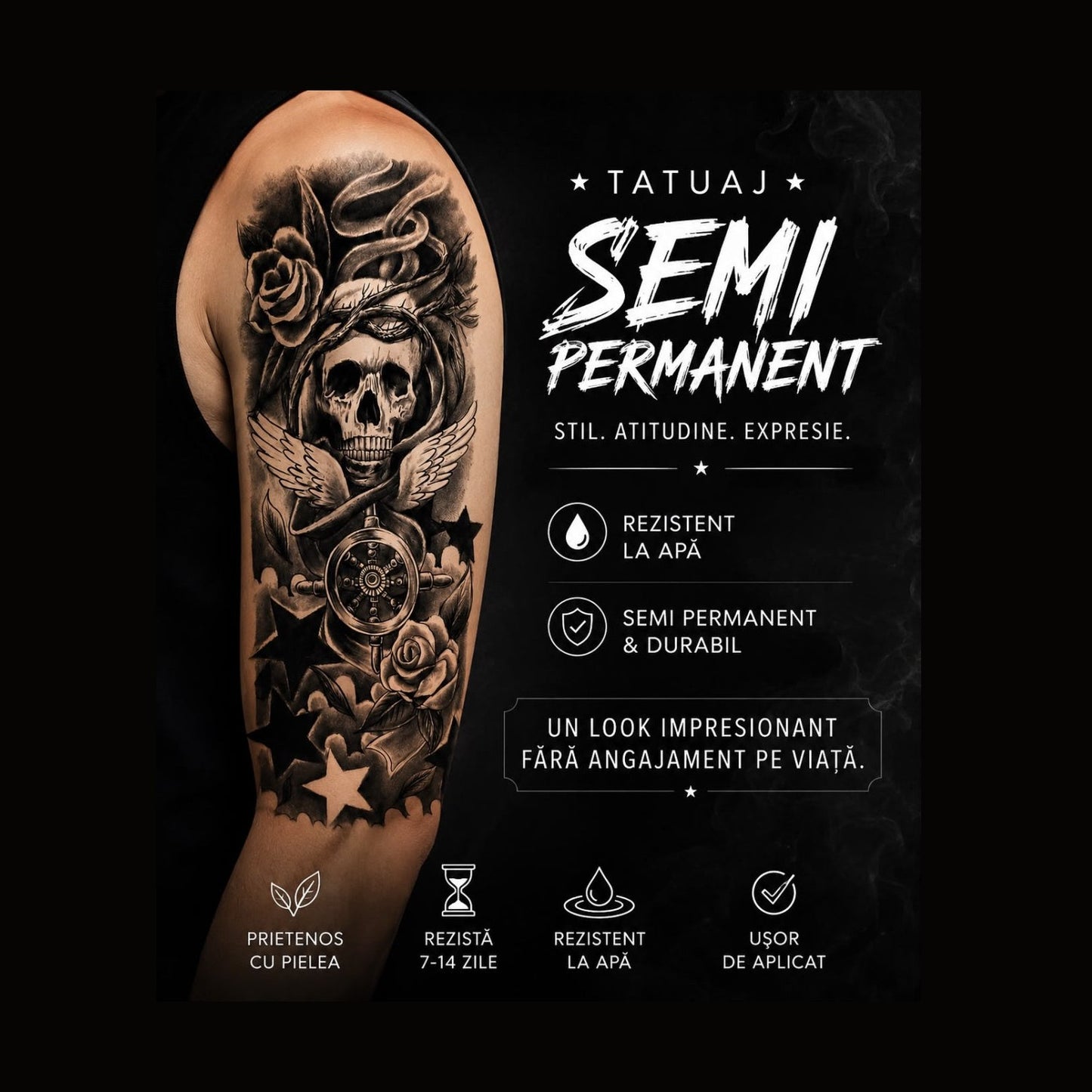 Tatuaj Semipermanent cu Craniu, Trandafiri și Simbol Nautic – 45 cm