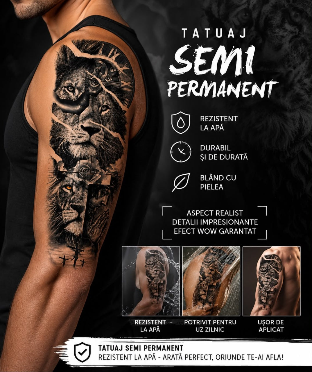 Tatuaj Semipermanent cu Leu, Ceas și Elemente Spirituale – 45 cm