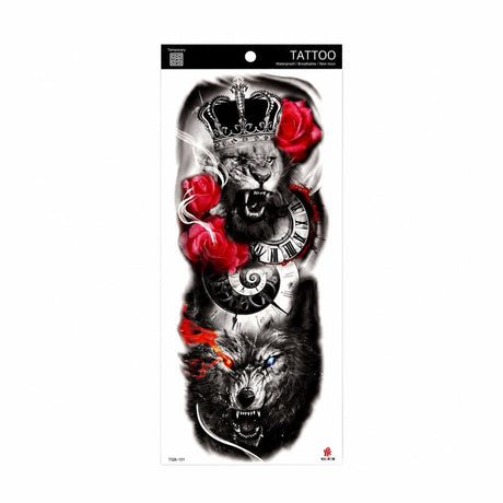 Tatuaj Semipermanent cu Leu Încoronat, Lup și Trandafiri Roșii – 45 cm