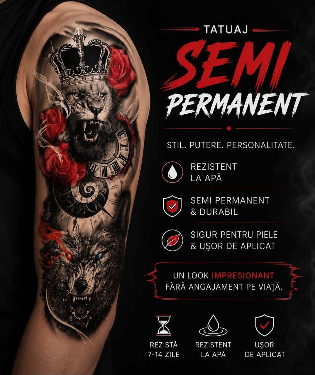 Tatuaj Semipermanent cu Leu Încoronat, Lup și Trandafiri Roșii – 45 cm