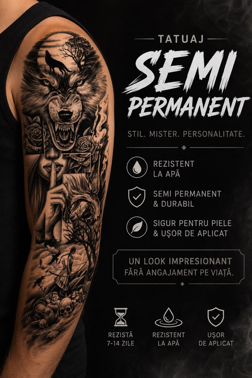 Tatuaj Semipermanent cu Lup, Siluetă Feminină și Elemente Gotice – 45 cm