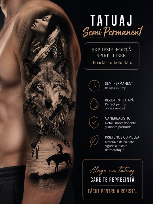 Tatuaj Semipermanent cu Lup, Siluetă Feminină și Elemente Native – 45 cm