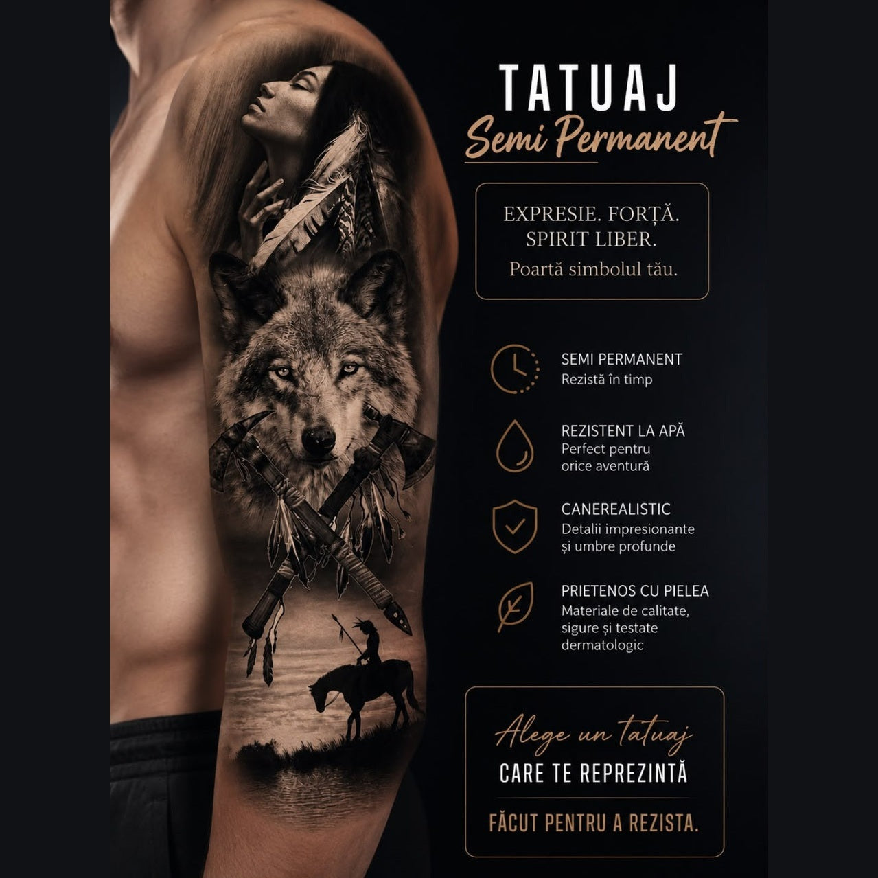 Tatuaj Semipermanent cu Lup, Siluetă Feminină și Elemente Native – 45 cm