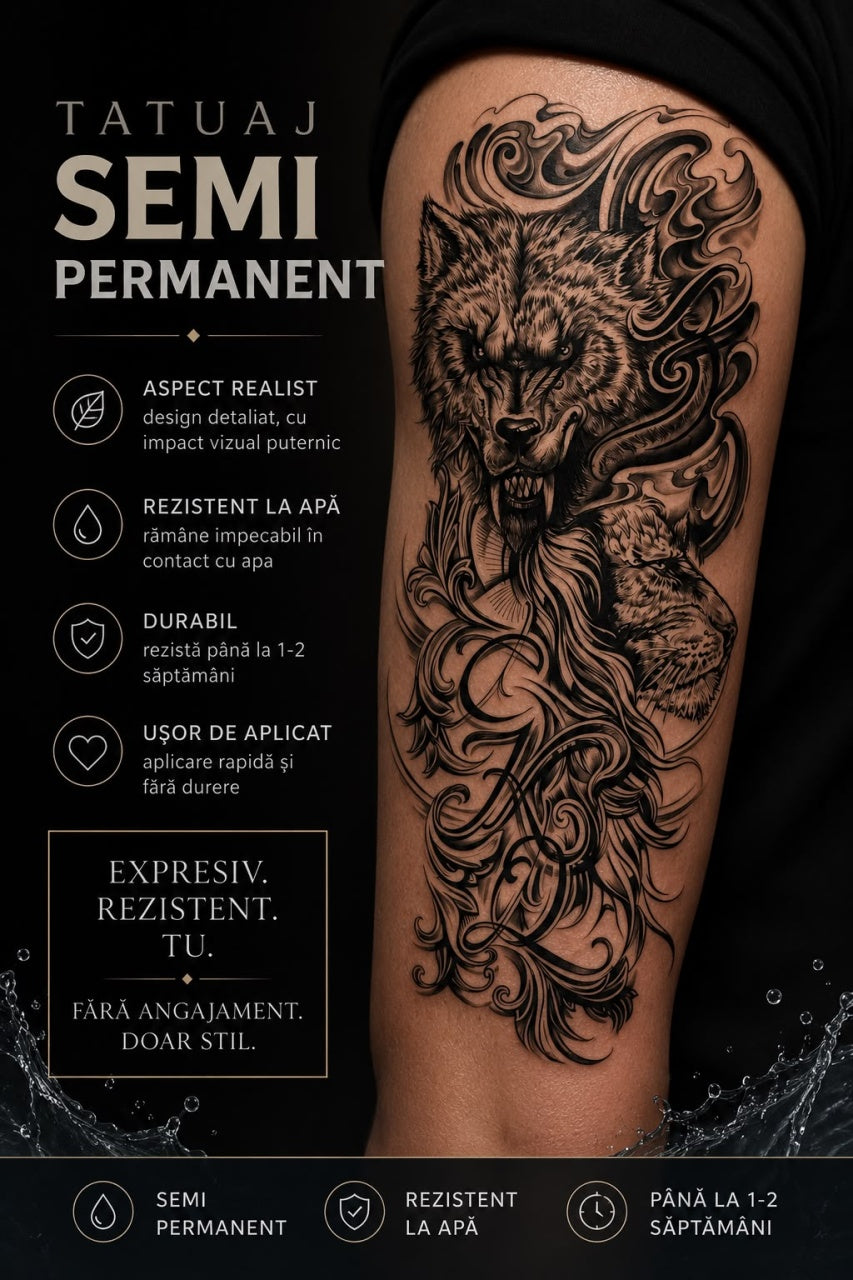 Tatuaj Semipermanent cu Lup Tribal Realist, 45 cm, Rezistent la Apă
