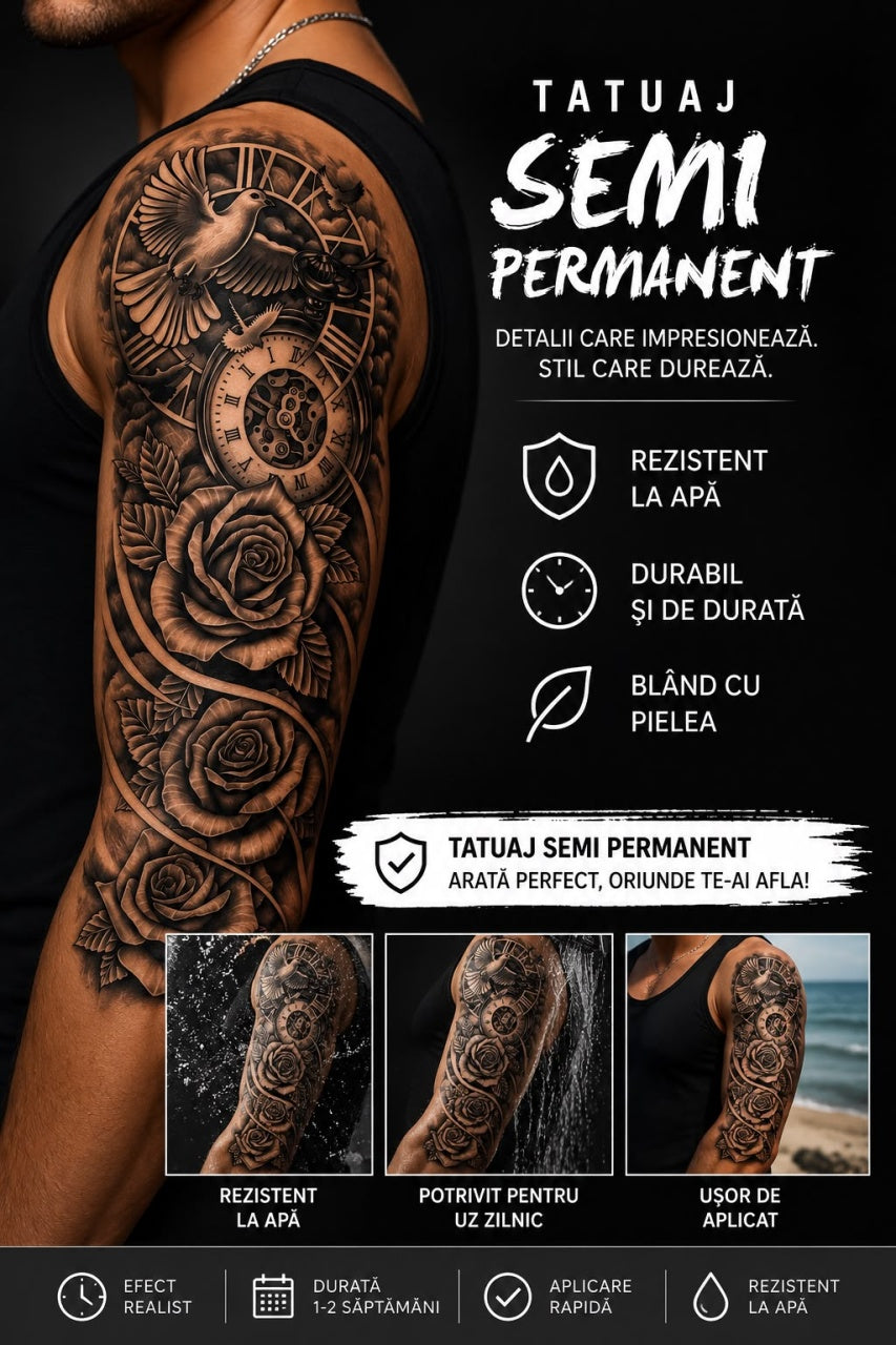 Tatuaj Semipermanent cu Porumbel, Ceas și Trandafiri – 45 cm