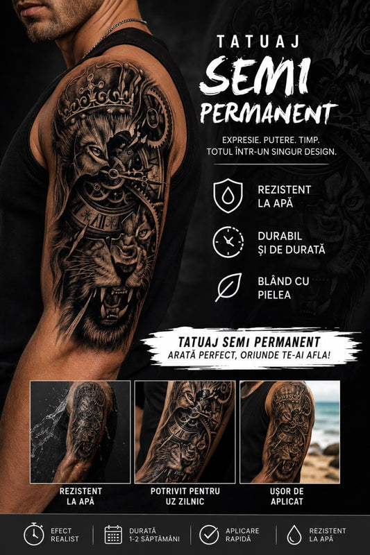 Tatuaj Semipermanent cu Vultur, Leu și Mecanism de Ceas – 45 cm