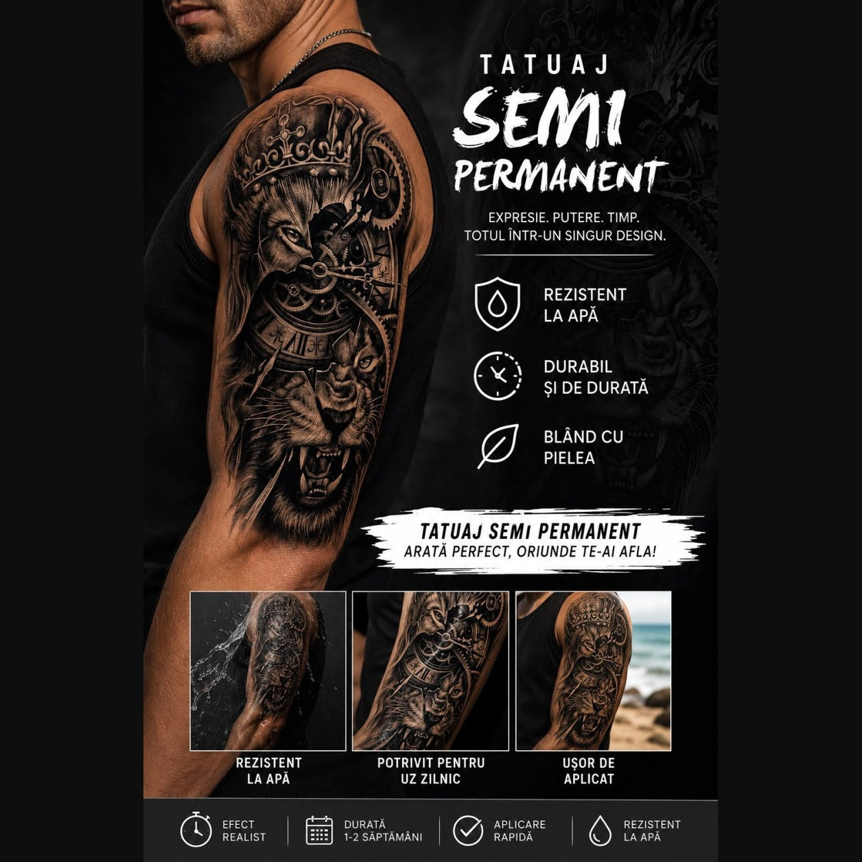 Tatuaj Semipermanent cu Vultur, Leu și Mecanism de Ceas – 45 cm