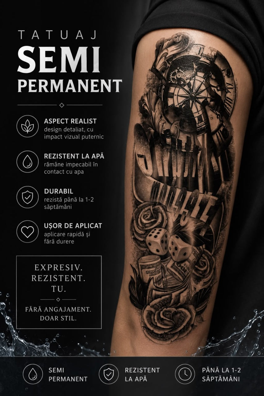 Tatuaj Semipermanent Full Arm cu Ceas, Zaruri și Trandafiri – 45 cm