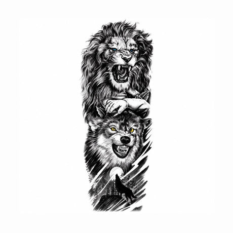 Tatuaj Semipermanent Leu și Lup – 45 cm - Design Realist Black & Grey