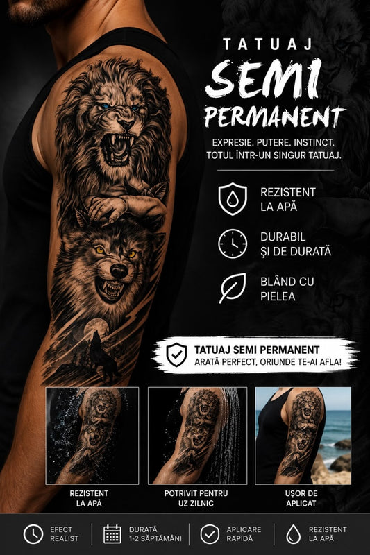 Tatuaj Semipermanent Leu și Lup – 45 cm - Design Realist Black & Grey