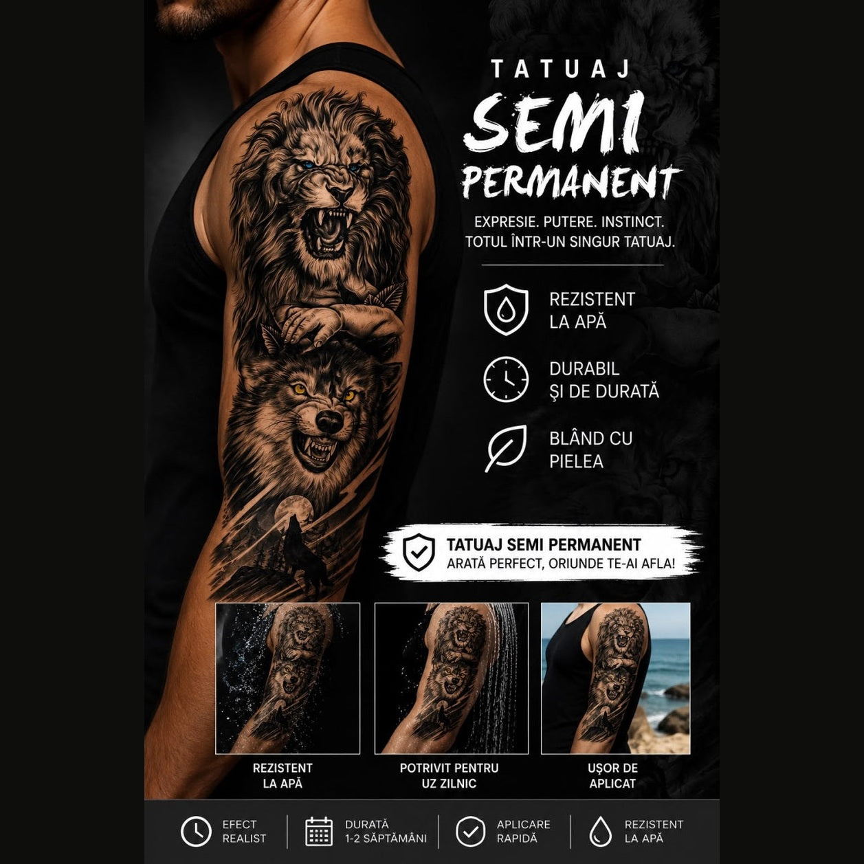 Tatuaj Semipermanent Leu și Lup – 45 cm - Design Realist Black & Grey