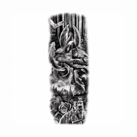 Tatuaj Semipermanent, Model Înger, Lup și Pădure, Realist – 45 cm