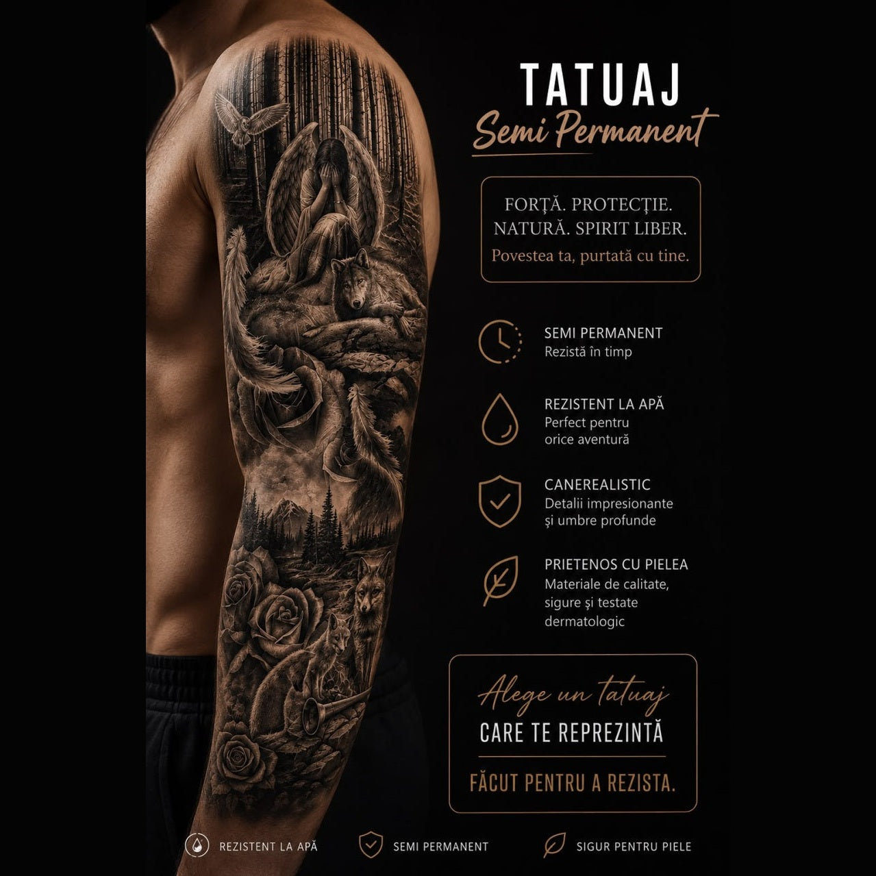 Tatuaj Semipermanent, Model Înger, Lup și Pădure, Realist – 45 cm