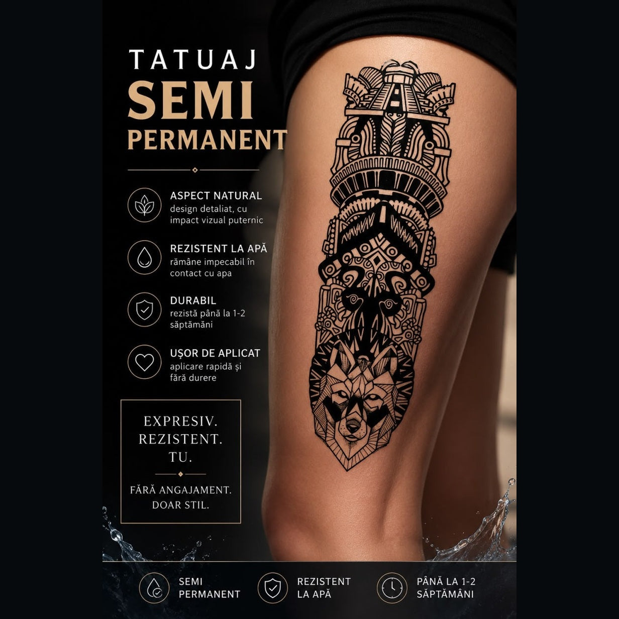 Tatuaj Semipermanent Tribal cu Mască Aztecă și Lup – 45 cm