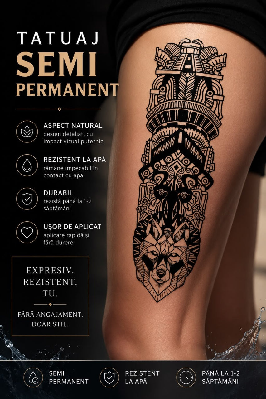 Tatuaj Semipermanent Tribal cu Mască Aztecă și Lup – 45 cm
