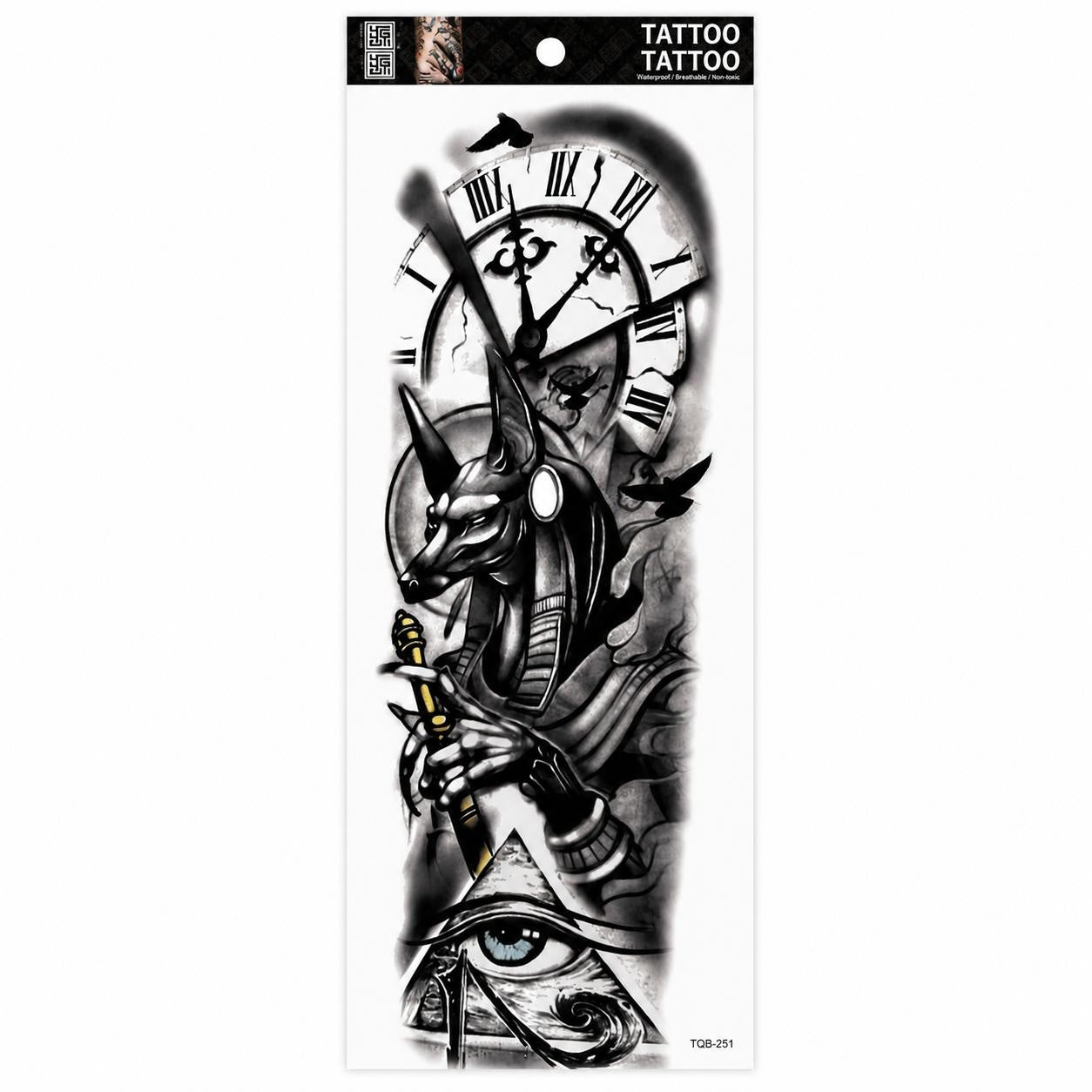 Tatuaj Temporar Semipermanent Anubis cu Ceas și Ochi Egiptean – 45 cm