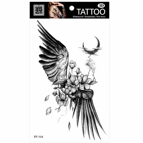 Tatuaj Temporar Semipermanent Aripă de Înger cu Flori și Semilună – 18 cm, Rezistent la Apă