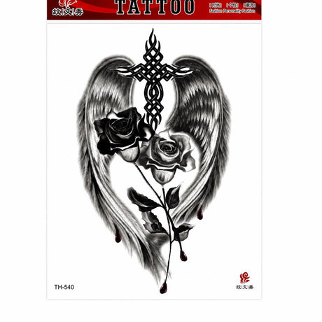 Tatuaj Temporar Semipermanent Aripi, Trandafiri și Cruce Decorativă – 20 cm, Rezistent la Apă
