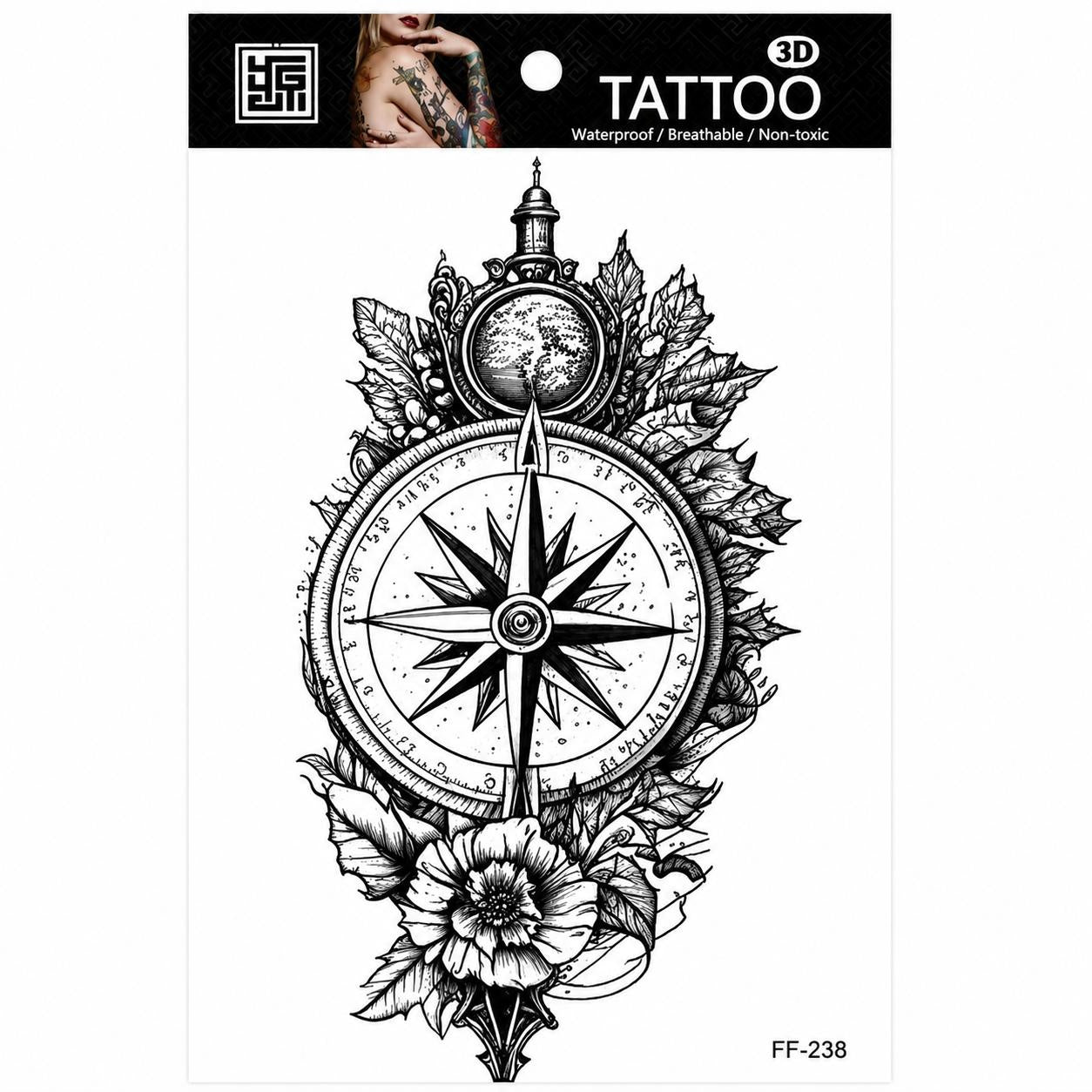 Tatuaj Temporar Semipermanent Busolă Vintage cu Flori – 18 cm, Rezistent la Apă
