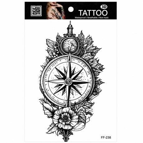 Tatuaj Temporar Semipermanent Busolă Vintage cu Flori – 18 cm, Rezistent la Apă