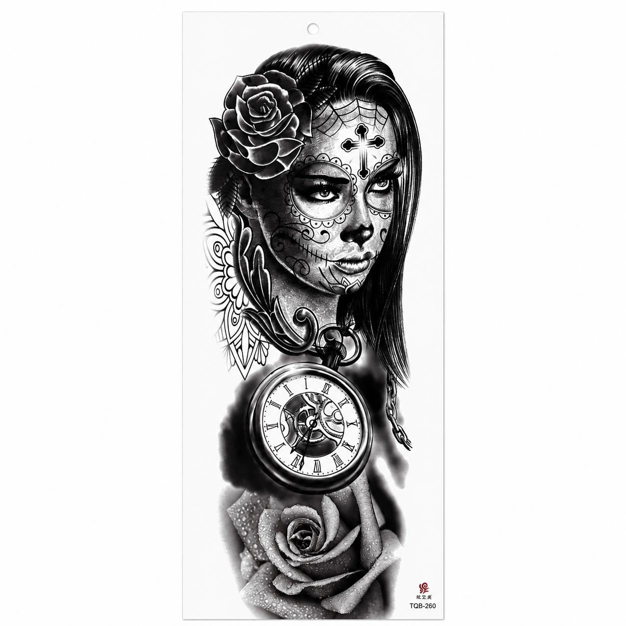Tatuaj Temporar Semipermanent Catrina cu Trandafiri și Ceas Vintage – 45 cm