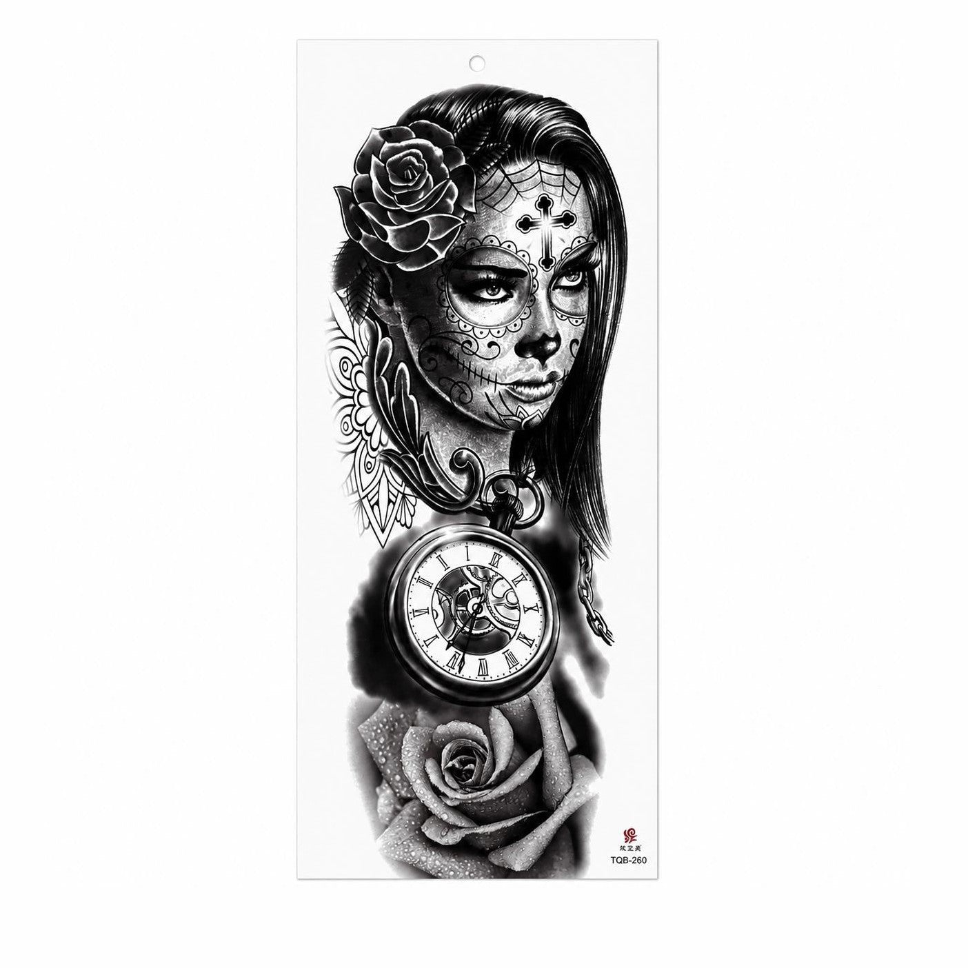 Tatuaj Temporar Semipermanent Catrina cu Trandafiri și Ceas Vintage – 45 cm
