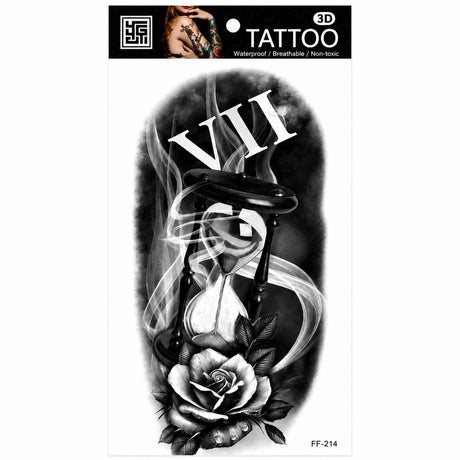 Tatuaj Temporar Semipermanent Clepsidră cu Trandafir și Cifre Romane – 18 cm, Rezistent la Apă