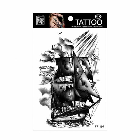 Tatuaj Temporar Semipermanent Corabie cu Pânze Negre – 18 cm, Rezistent la Apă
