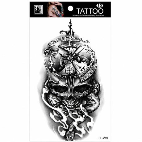 Tatuaj Temporar Semipermanent Craniu cu Șarpe și Mecanism de Ceas – 18 cm