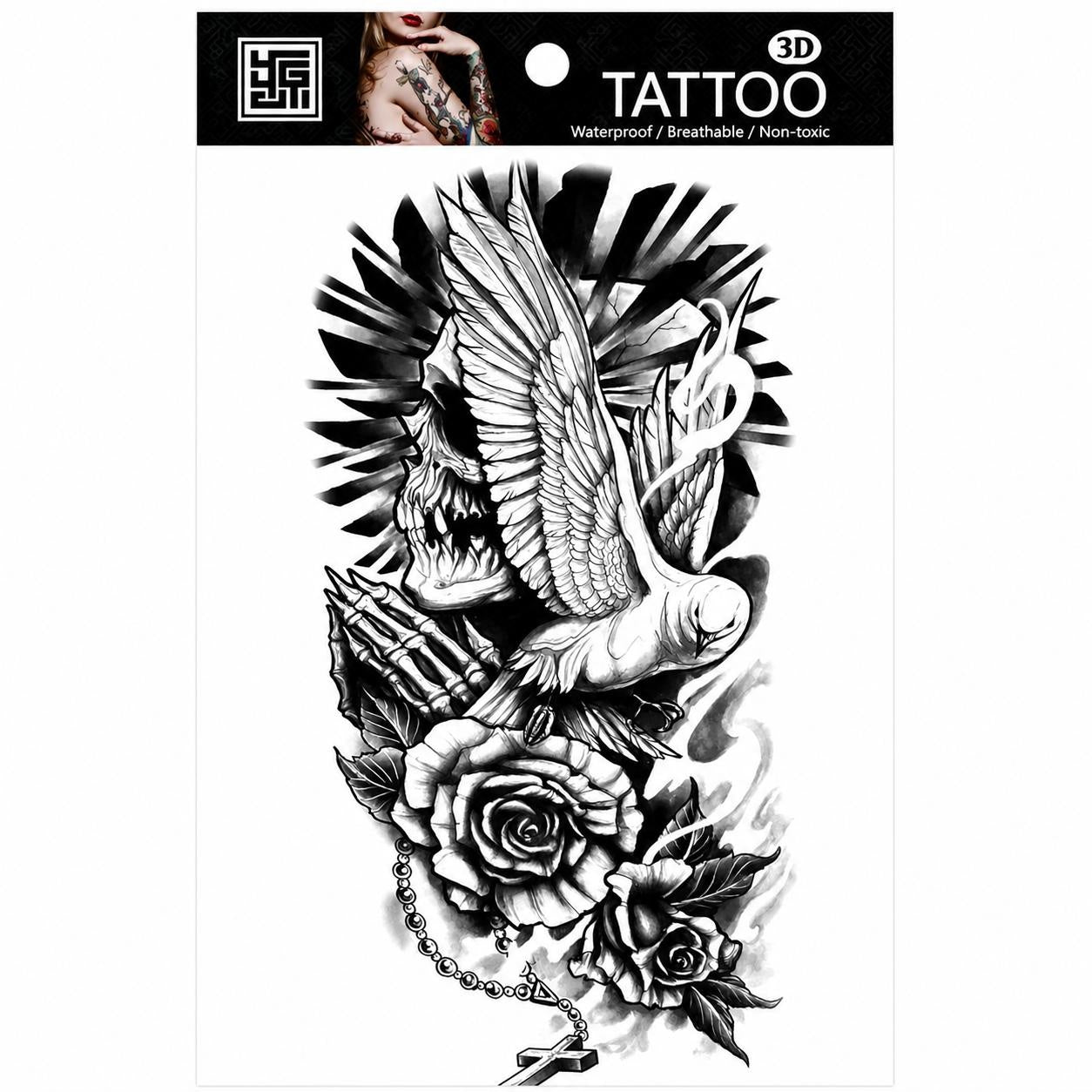 Tatuaj Temporar Semipermanent Craniu, Porumbel și Trandafiri – 18 cm, Rezistent la Apă