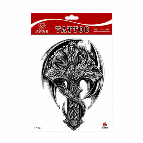 Tatuaj Temporar Semipermanent Cruce Celtică cu Dragon și Cavaler – 20 cm, Rezistent la Apă