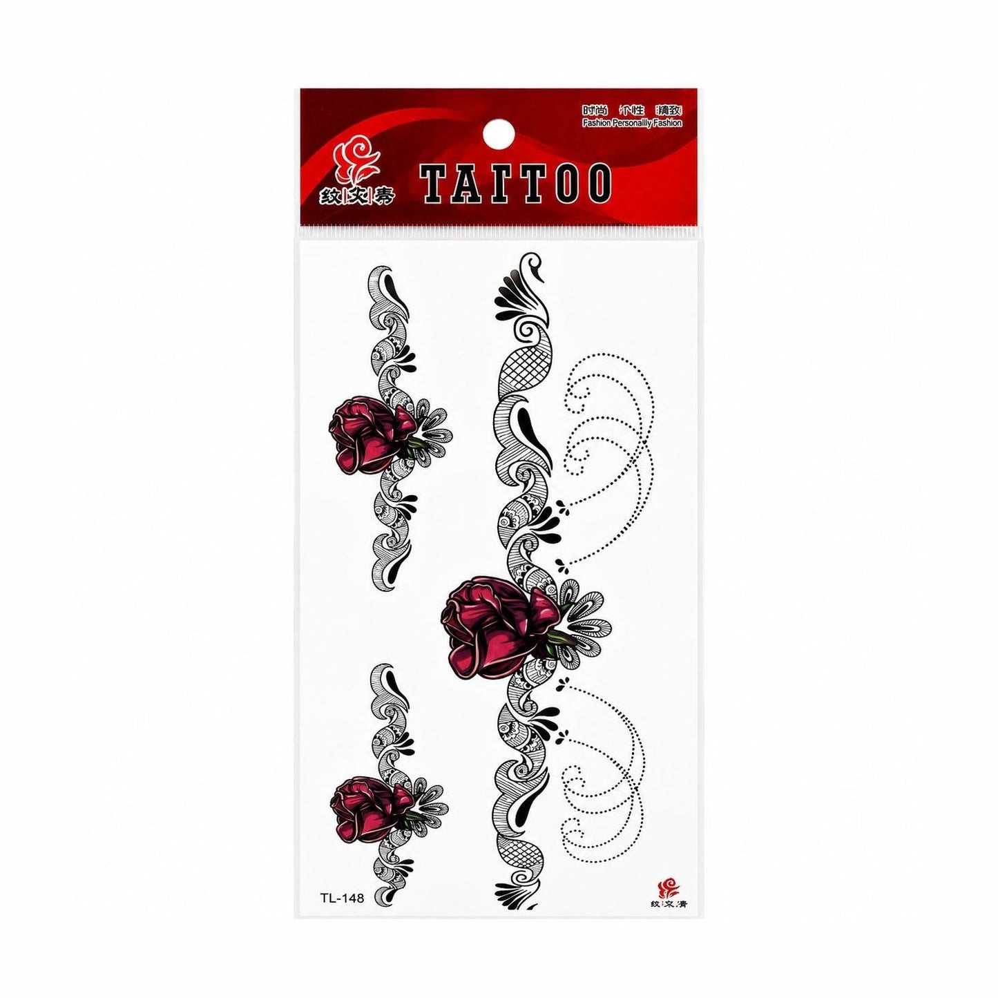 Tatuaj Temporar Semipermanent cu Trandafiri Roșii și Ornamente Decorative – 18 cm, Rezistent la Apă
