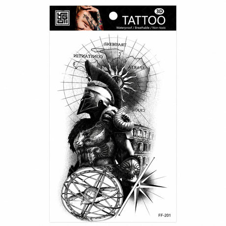 Tatuaj Temporar Semipermanent Gladiator Spartan cu Hartă Antică – Design Black & Grey, 18 cm