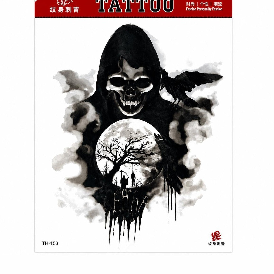 Tatuaj Temporar Semipermanent Grim Reaper cu Craniu și Corb – 20 cm, Rezistent la Apă