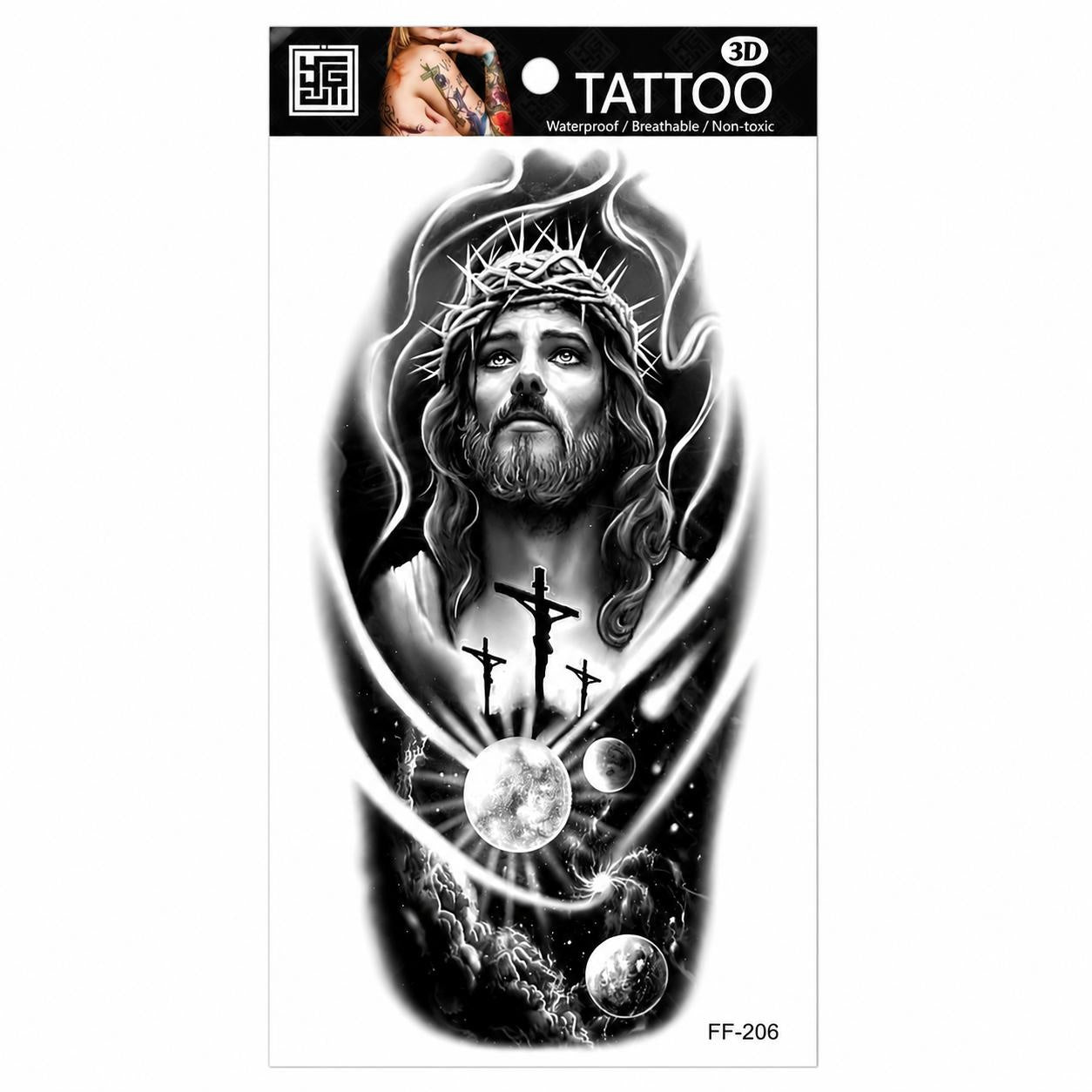 Tatuaj Temporar Semipermanent Iisus Hristos cu Coroană de Spini – 18 cm, Rezistent la Apă