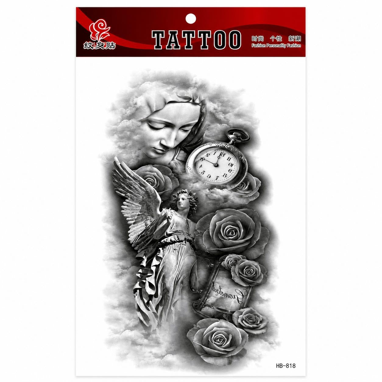 Tatuaj Temporar Semipermanent Înger și Trandafiri – 20 cm, Rezistent la Apă, Efect Realist