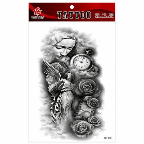 Tatuaj Temporar Semipermanent Înger și Trandafiri – 20 cm, Rezistent la Apă, Efect Realist