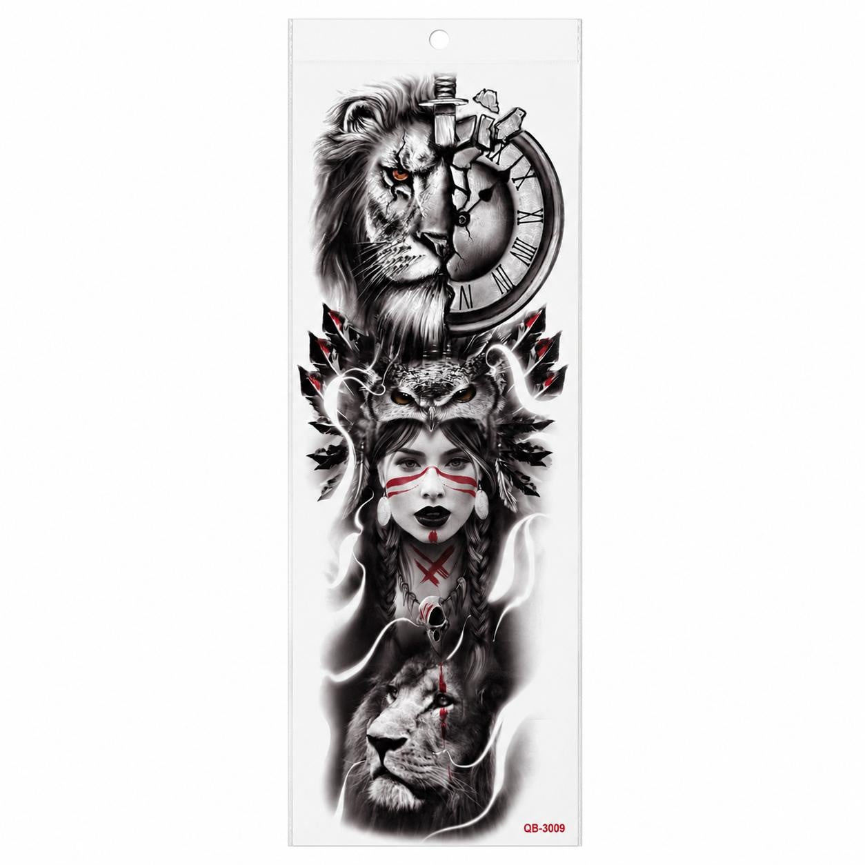 Tatuaj Temporar Semipermanent Leu, Războinică și Ceas – Design Realist Premium, 45 cm