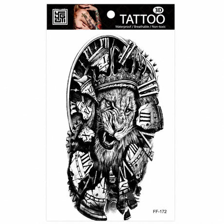 Tatuaj Temporar Semipermanent Leu Rege cu Coroană și Ceas Spart – Design Black & Grey, 18 cm