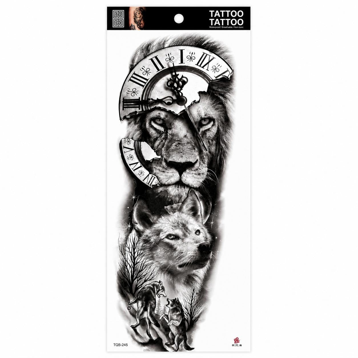 Tatuaj Temporar Semipermanent Leu și Lup cu Ceas Vintage – 45 cm