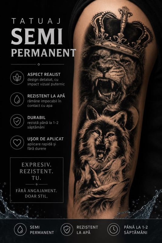 Tatuaj Temporar Semipermanent Leu și Lupi Realistici 45 cm – Rezistent la Apă