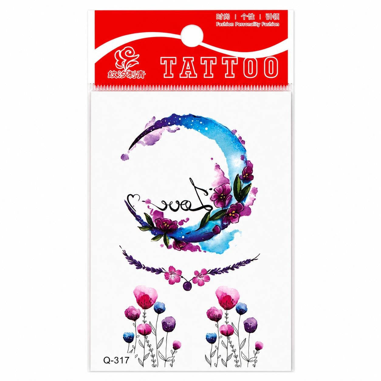 Tatuaj Temporar Semipermanent Lună Florală Love – Design Acuarelă Colorat, 10 cm