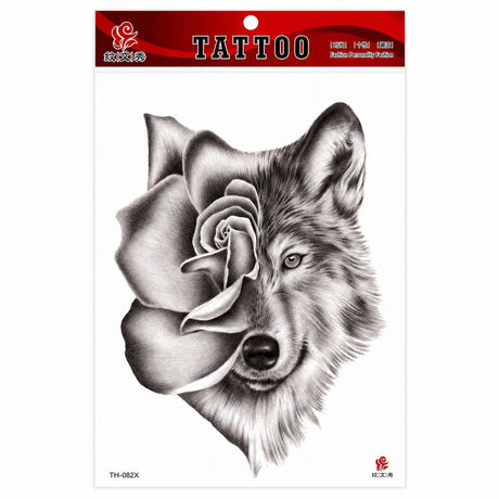 Tatuaj Temporar Semipermanent Lup și Trandafir – 20 cm, Rezistent la Apă, Efect Realist