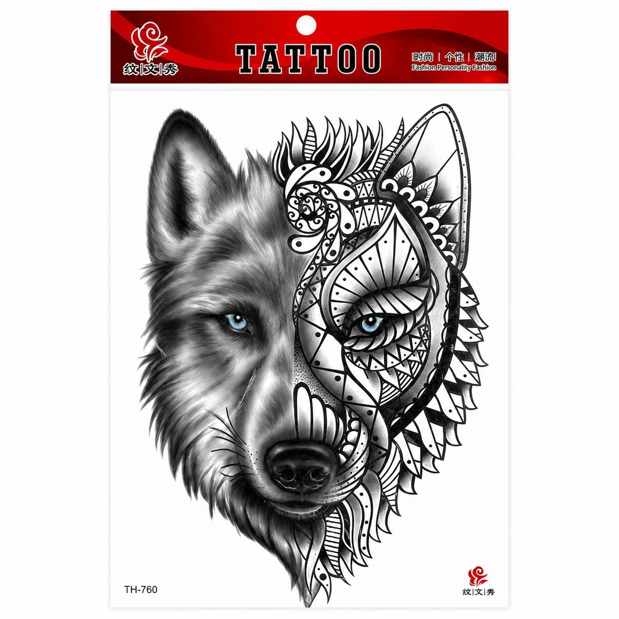 Tatuaj Temporar Semipermanent Lup Tribal – 20 cm, Rezistent la Apă, Efect Realist