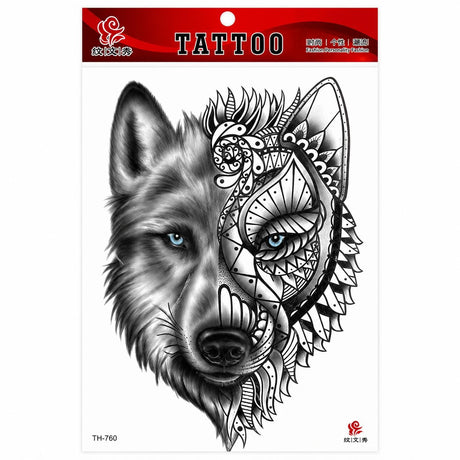 Tatuaj Temporar Semipermanent Lup Tribal – 20 cm, Rezistent la Apă, Efect Realist